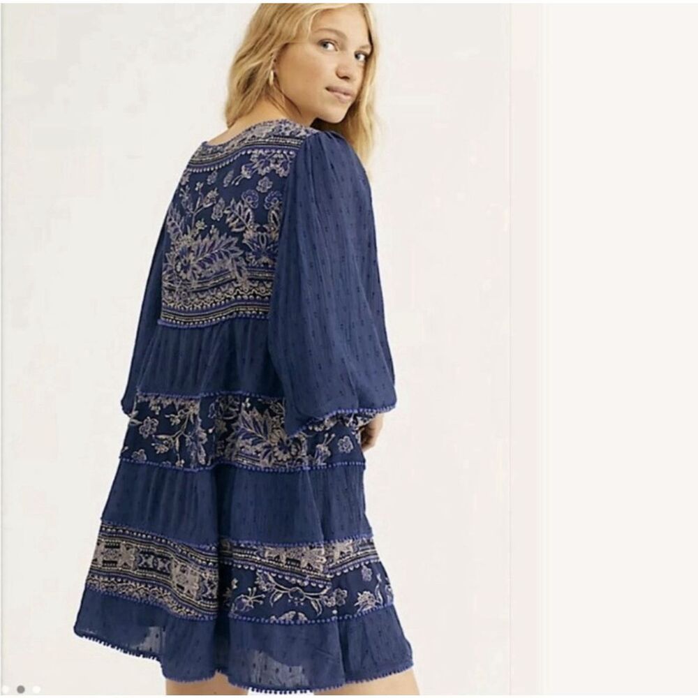 Free People My‎ Love Mini Dress Boho Hippie Balloon Sleeve Blue Floral Patch XS - Picture 4 of 16